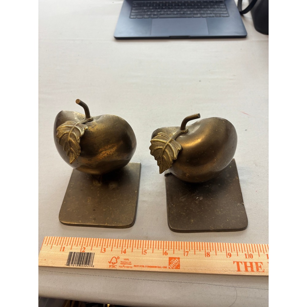 Vintage Solid Brass Apple Bookends Mid Century Library Decor Heavy Metal Set